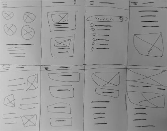 Pencil sketches of several phone screens with lists and detail layouts