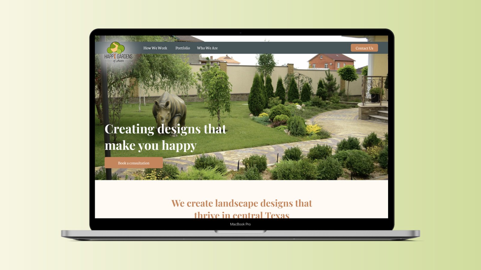The redesigned Happy Gardens of Austin homepage on a laptop