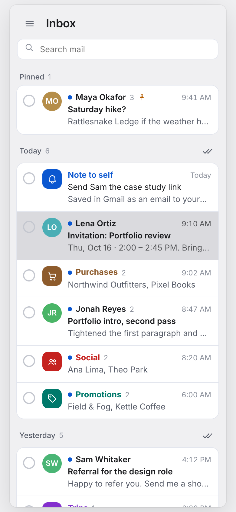 Iris at phone width: the inbox