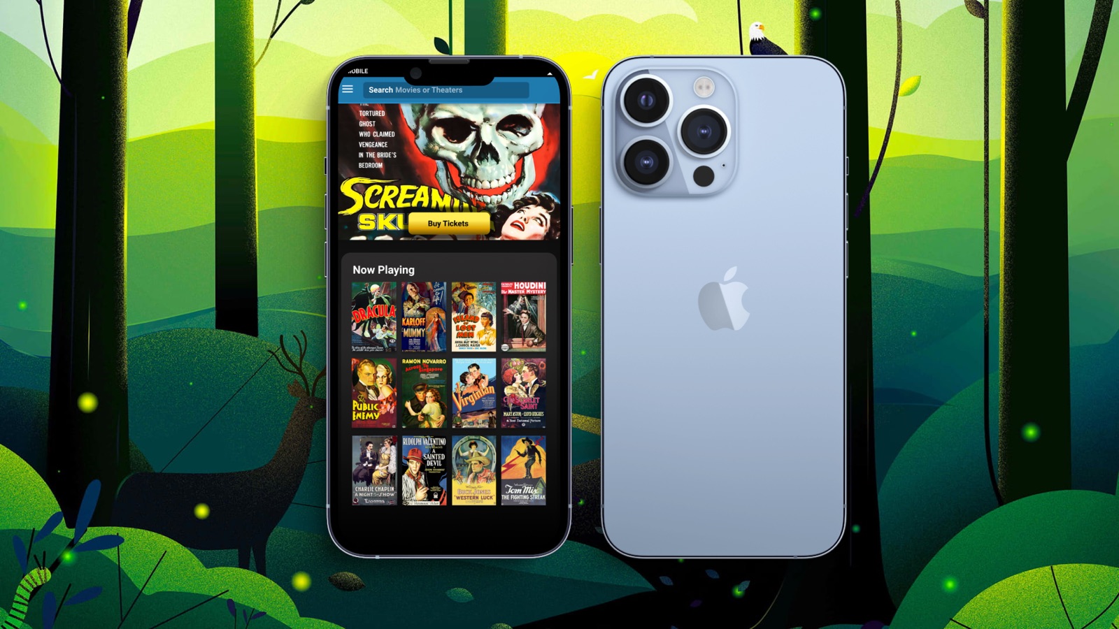 Thunderbolt Tickets on two phones, showing a grid of classic movie posters